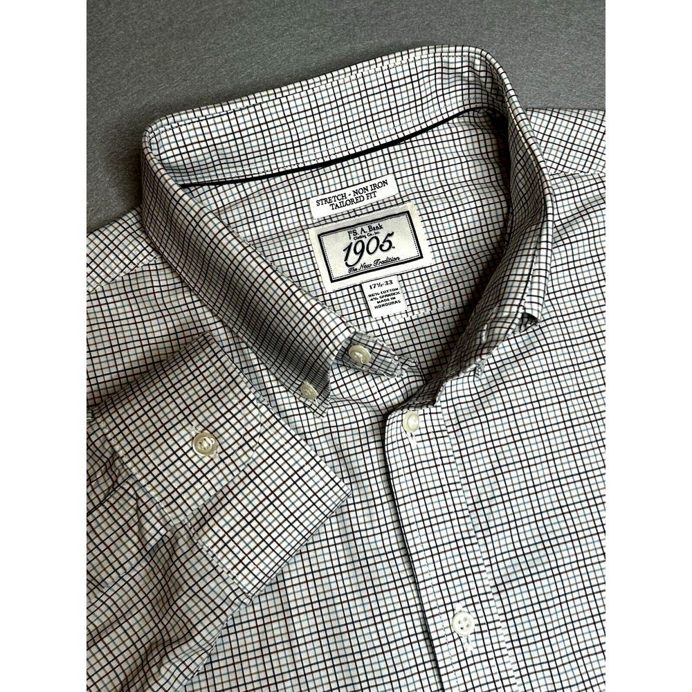 Jos A Bank 1905 Tailored Fit Long Sleeve White Plaid 17.5 - 33 Button Down Shirt